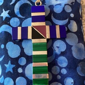 Mexican Silver Striped Cross Pendant